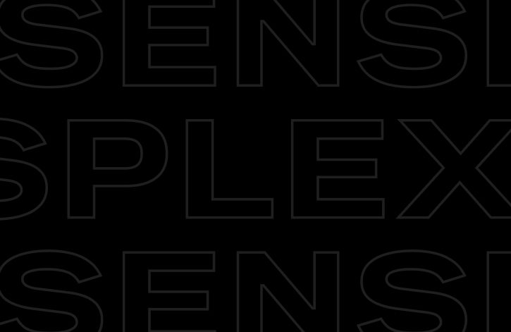 Large, outlined capital letters spell "SENSE" and "PLEX" repeatedly on a black background.