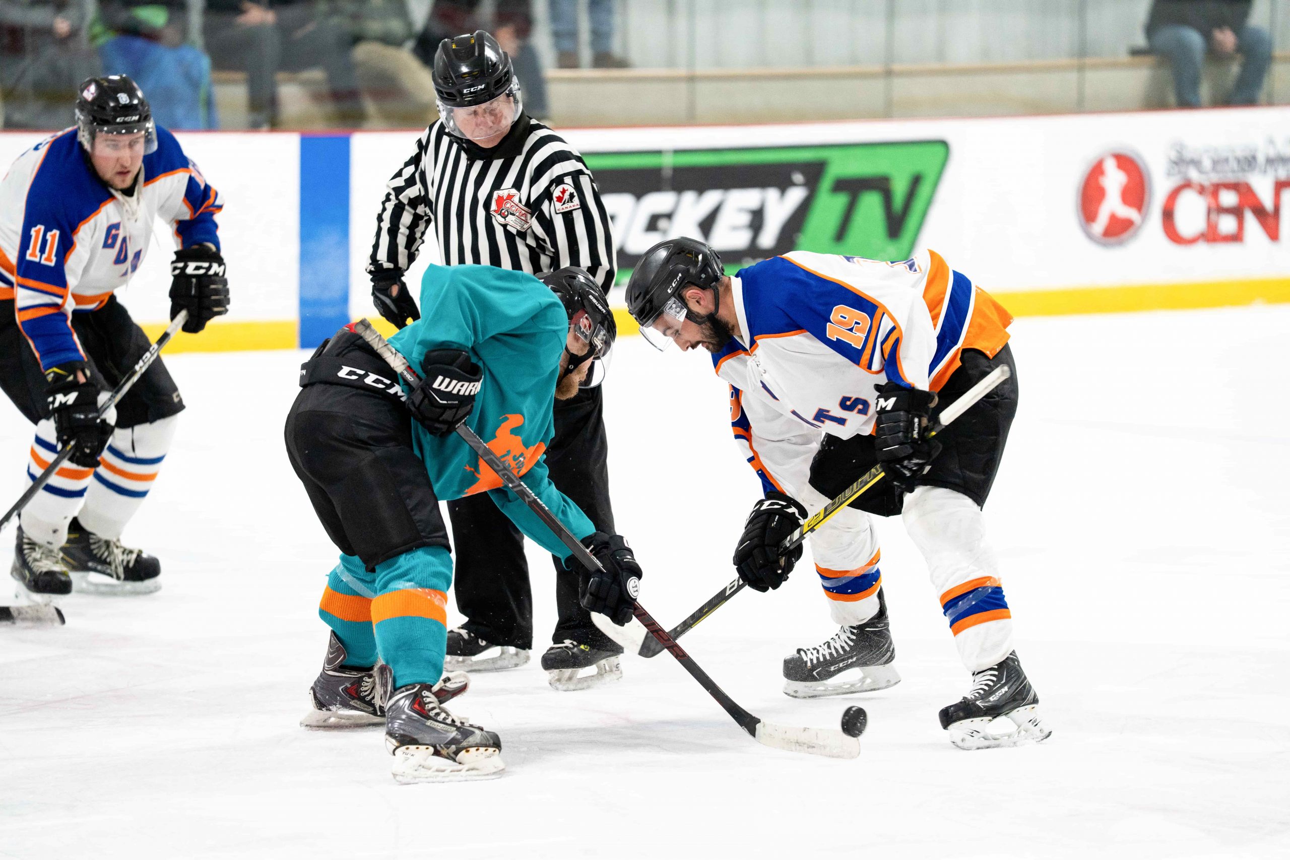 Two ice hockey players face off for the puck at adult evening skills; a referee and teammates watch closely.