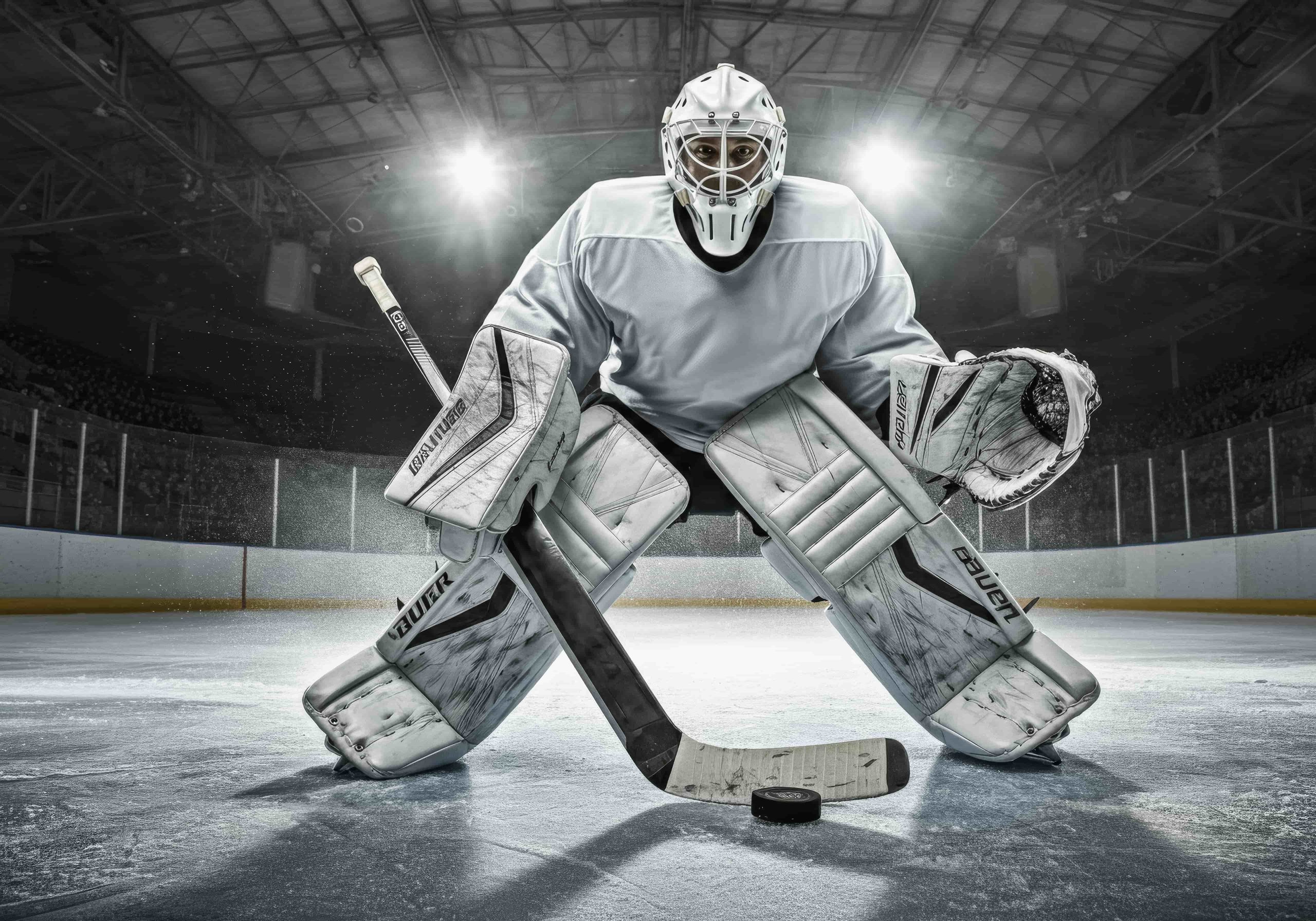 Hockey goalie in full gear crouches on the ice, guarding the goal with a stick and glove, puck in front.