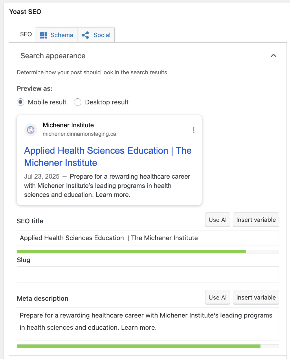 Screenshot of the Yoast SEO plugin showing search appearance settings for a page about Applied Health Sciences Education.