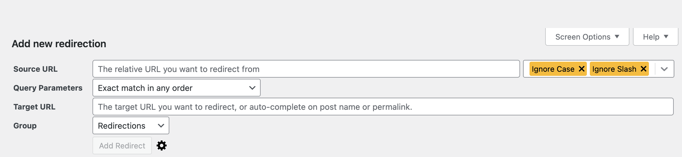Screenshot of a web form for adding a new URL redirection with fields for source and target URLs.
