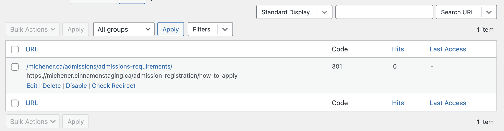 A WordPress admin dashboard showing a list of URLs with status codes, hits, and management options.