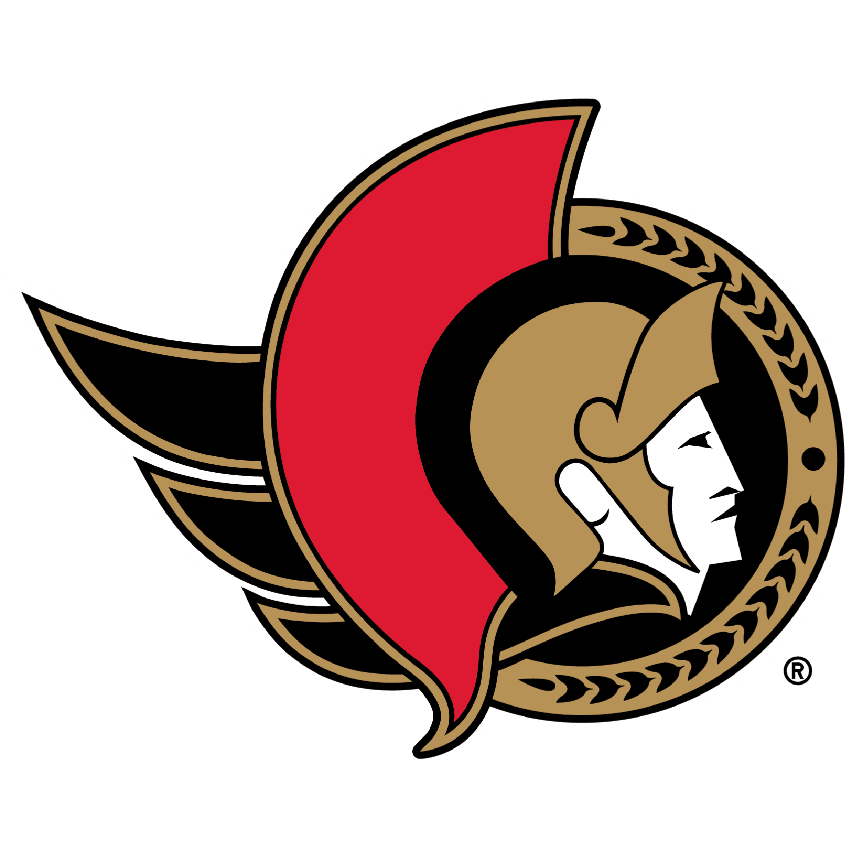 Ottawa Senators logo featuring a Roman centurion helmet in gold, black, and red with a laurel wreath design.