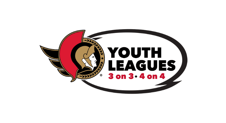 Ottawa Senators logo next to text reading "Youth Leagues 3 on 3 · 4 on 4" inside a black oval outline.