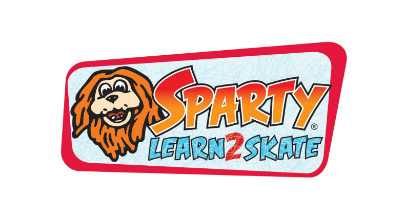 Logo features a cartoon dog’s face and the words “Sparty Learn 2 Skate” on a blue and red background.