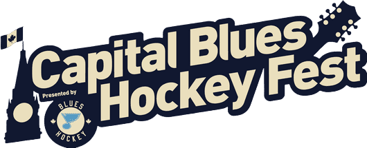 Logo for Capital Blues Hockey Fest, featuring a guitar silhouette and a puck with the Blues Hockey emblem.
