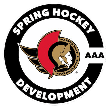 Circular logo with the text "Spring Hockey Development AAA" and a stylized Roman centurion helmet in the center.