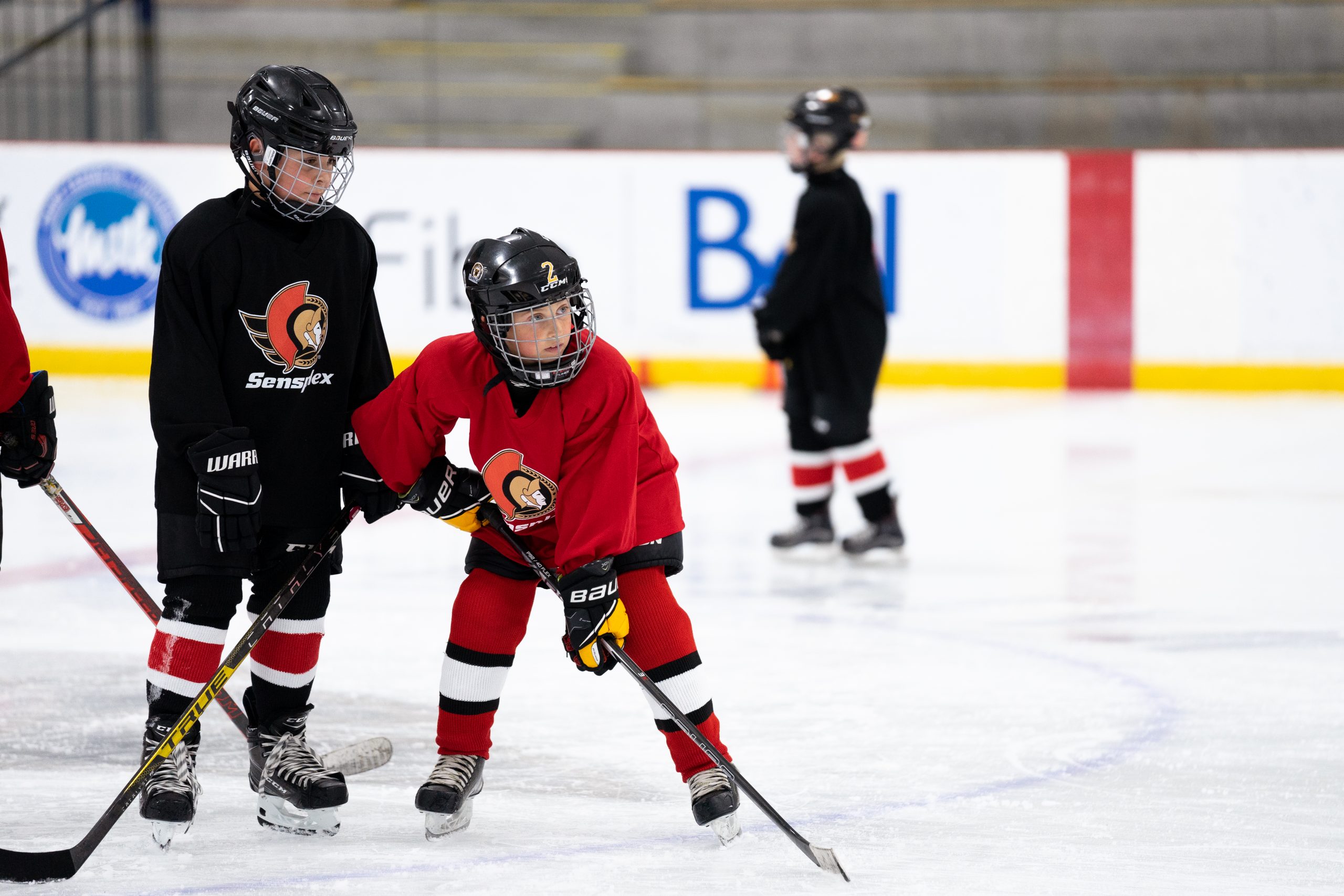 Four young children in hockey gear stand on an ice rink, two in black jerseys and two in red jerseys, holding hockey sticks.