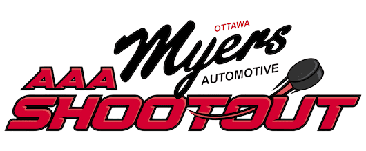 Logo for the Ottawa Myers Automotive AAA Shootout, with a hockey puck forming part of the word "SHOOTOUT.