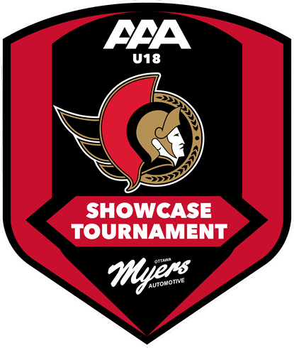 Shield-shaped logo for the AAA U18 Showcase Tournament, featuring a stylized helmet and Ottawa Myers Automotive branding.