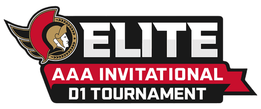 Logo for the Elite AAA Invitational D1 Tournament, featuring a stylized helmeted figure and bold text.