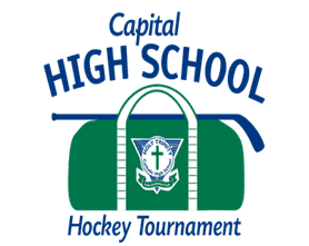 Logo with large hockey bag, text "capital" above "high School" above bag, above "Hockey tournament" below on a white background.
